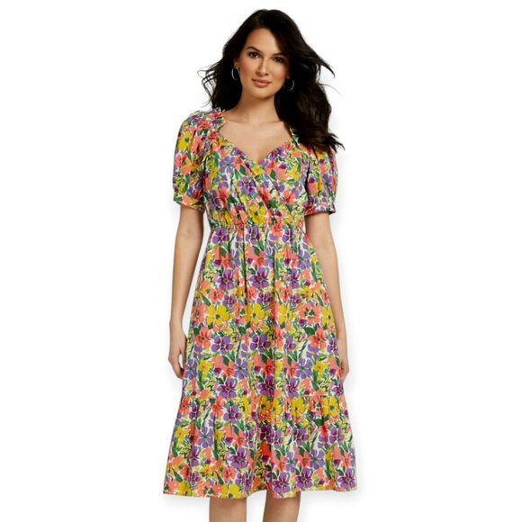 Lilac Floral Puff-Sleeve 100% Cotton Midi Dress - New York & Co M - Picture 2 of 12